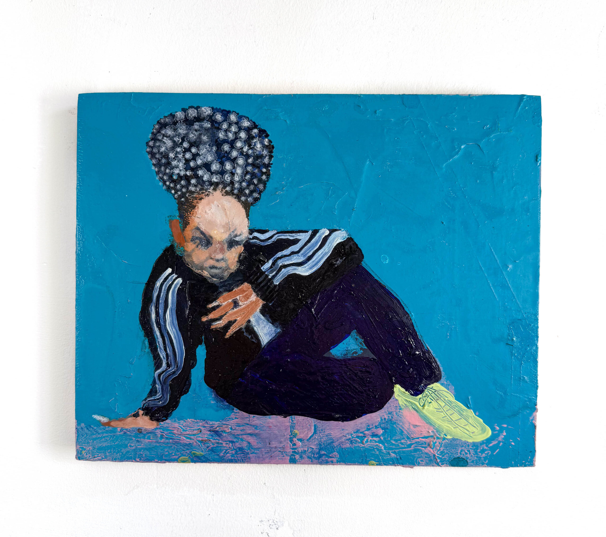 a painting if the Kenyan/Ugandan rapper MC YALLAH wearing an Adidas tracksuit and yellow trainers