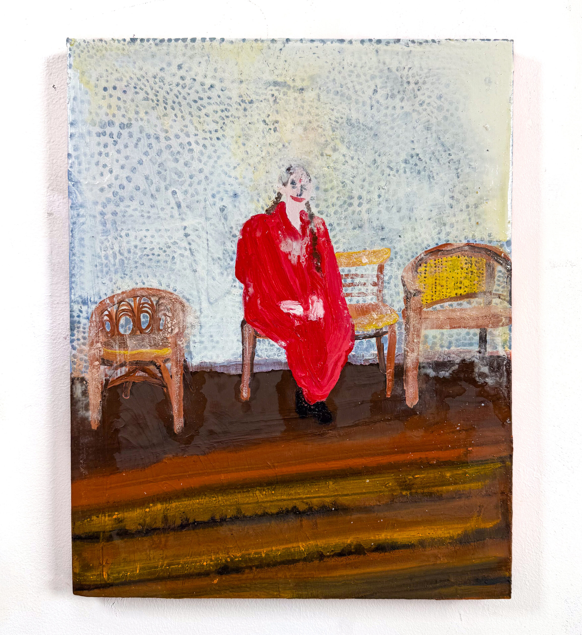 a painting of the musician Meredith Monk wearing a red dress sitting on a wooden chair